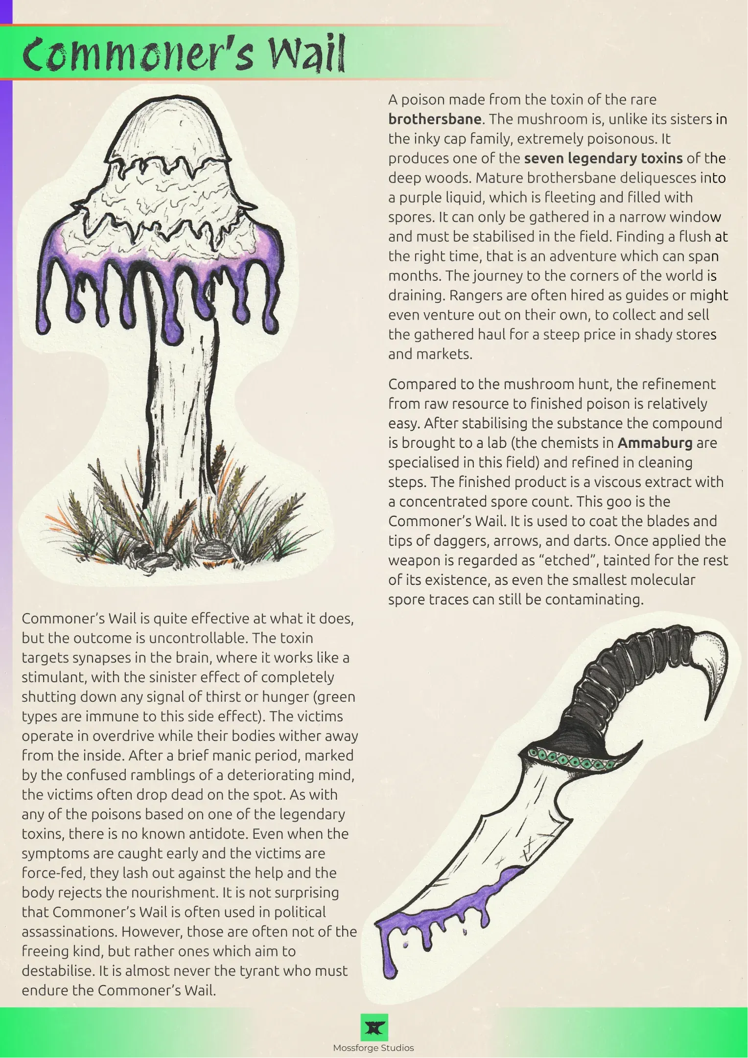 Poster for Commoner's Wail showing a dripping purple brothersbane mushroom and a coated dagger